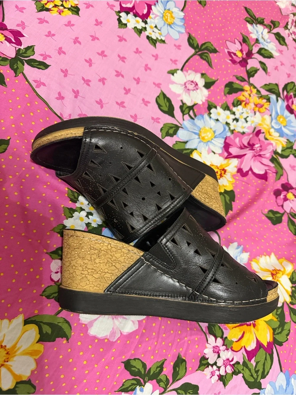 Women's Black Wedge Slide Sandals with Cork-Look Heel